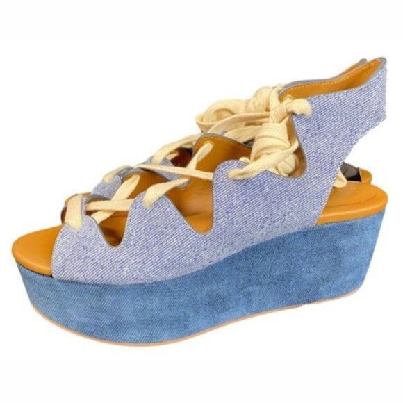 See By Chloé Denim Lace-Up Platform Sandals Size 37 / 6.5 NIB Edna Style - Picture 1 of 5
